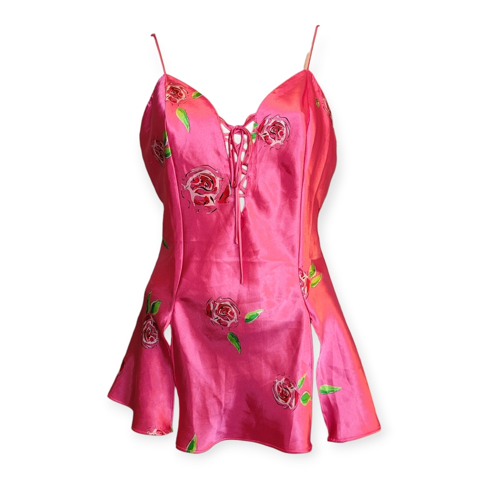 Vintage Y2K Coquette Pink Satin Floral Camisole With Lace-up For Layering  M